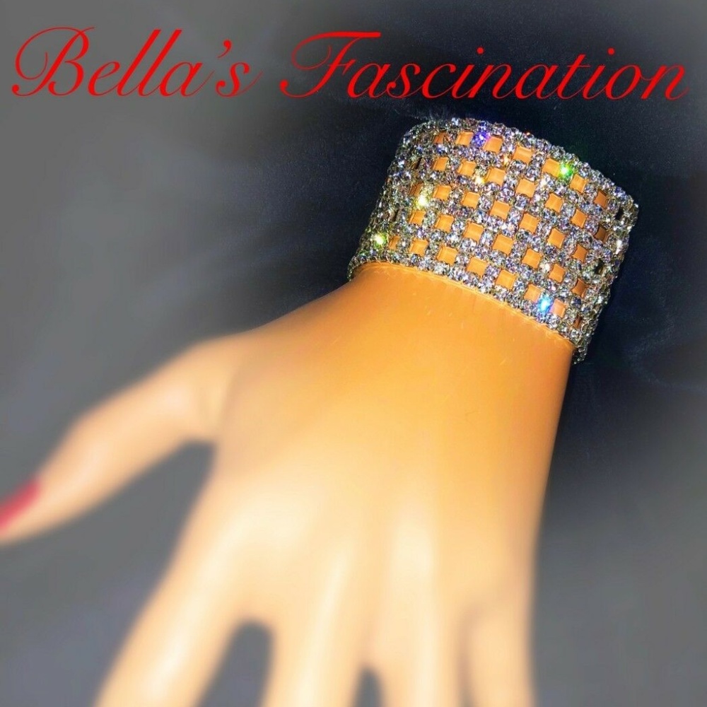 Wide Crystal Rhinestone Bracelet Silver